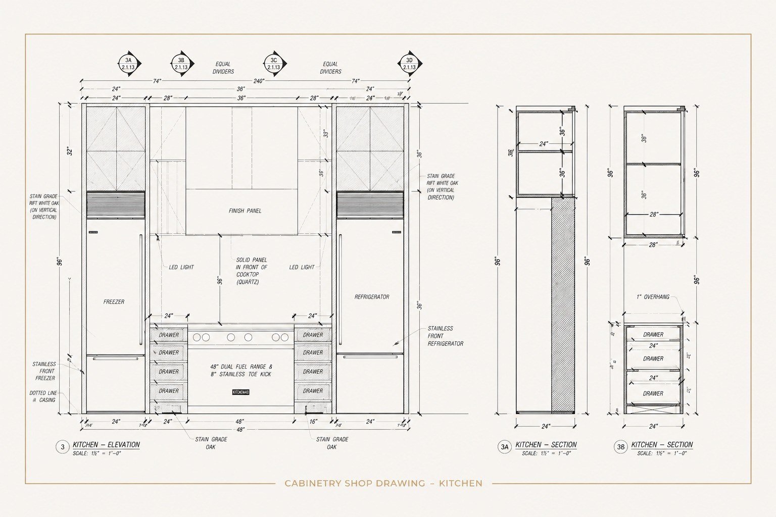 Taelor cabinetry shop drawing of a kitchen: dimensioned elevation with integrated freezer and refrigerator, 48-inch dual fuel range and drawer banks, plus two cabinet sections with material callouts