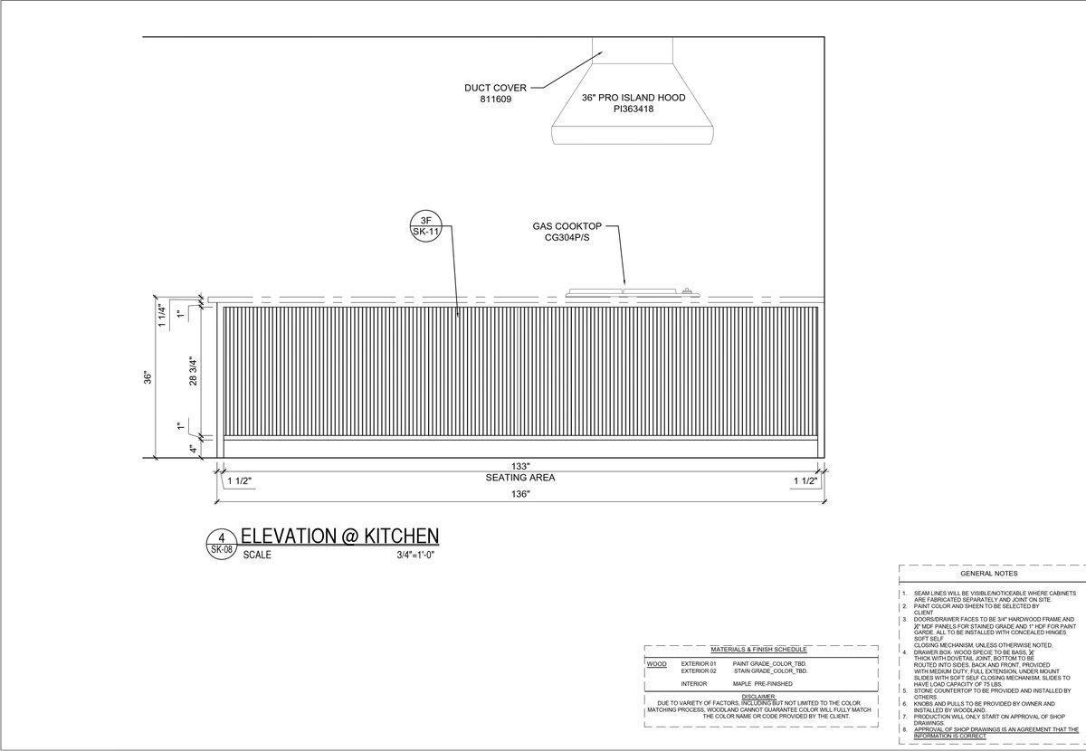 Kitchen elevation with a slatted duct cover, alongside the general notes and materials and finish schedule