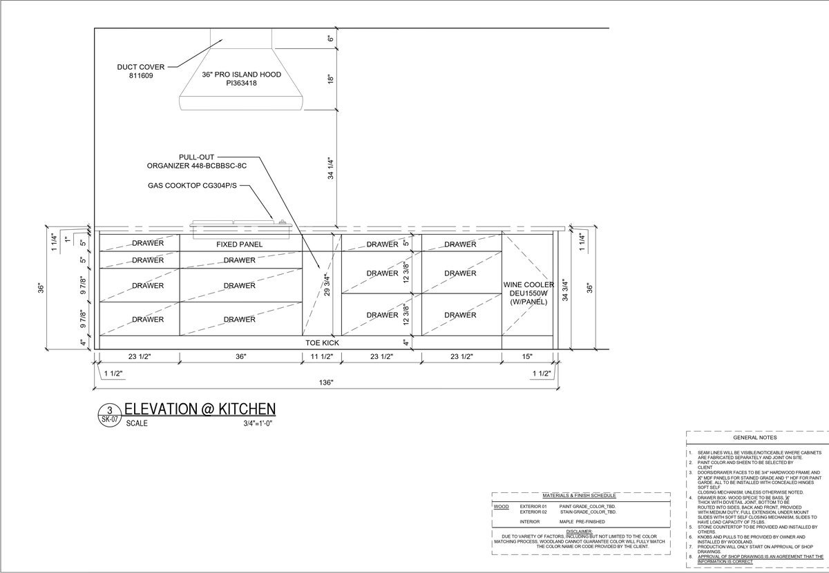 Kitchen elevation with drawer bank dimensions and wine cooler position, shown with the finish schedule