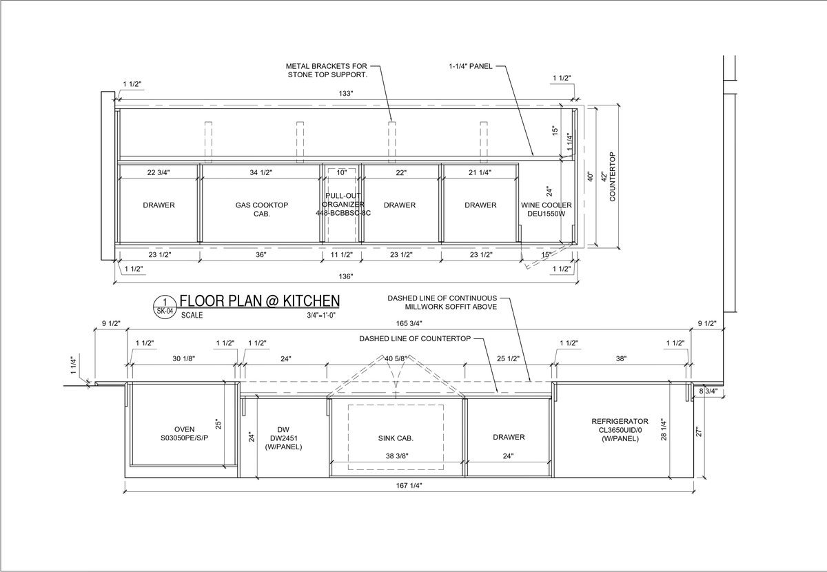 Taelor cabinetry shop drawing: kitchen floor plan and elevation at three-quarter inch scale, with cabinet dimensions, appliance model callouts and millwork soffit notes