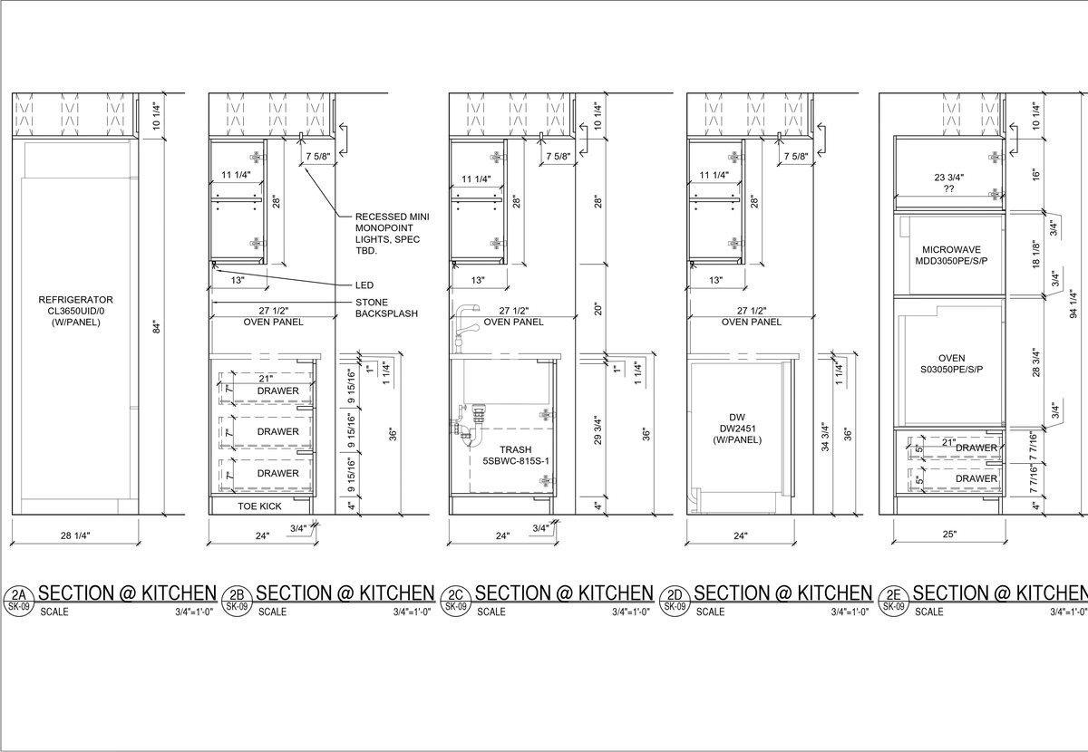 Five cabinet section views showing interior configuration, drawer stacks, toe kicks and oven panel details with dimensions