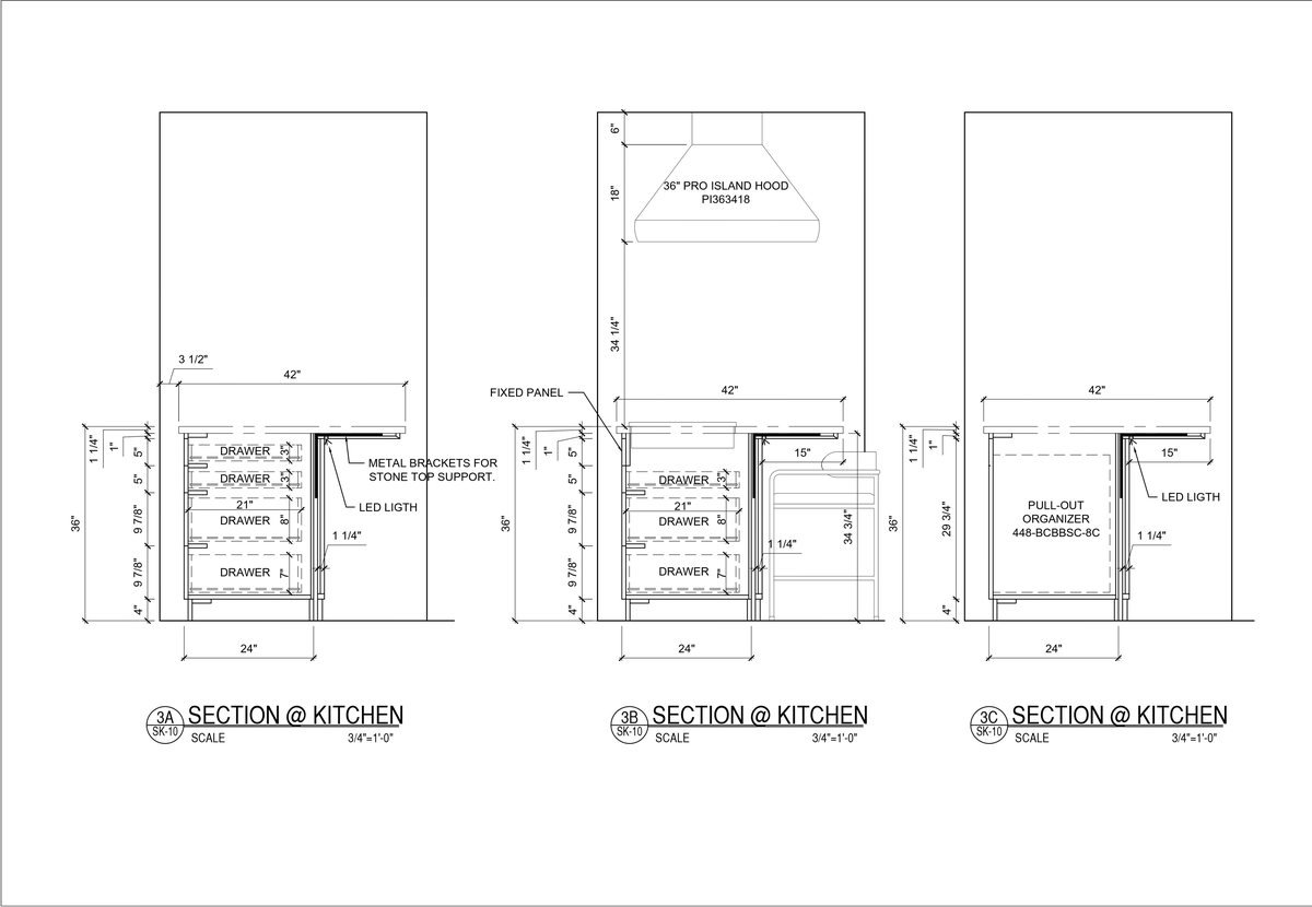 Three cabinet sections showing drawer boxes, LED light positions, stone top support brackets and hood clearance