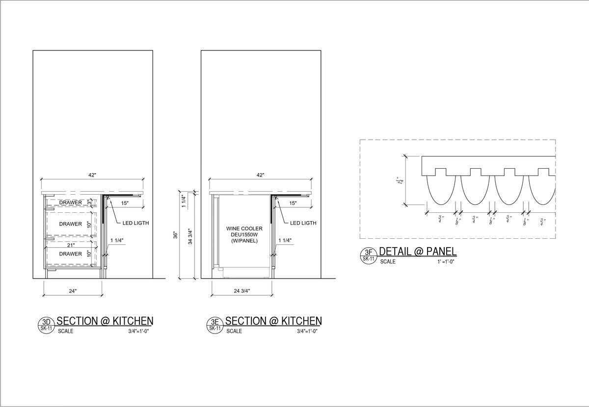 Two cabinet sections with a pull-out organizer, shown with an enlarged profile detail of the panel