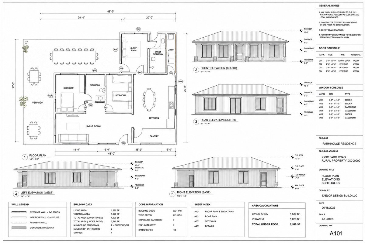 Taelor technical drawing sheet for a residential project: dimensioned floor plan, four building elevations, door and window schedules and area calculations