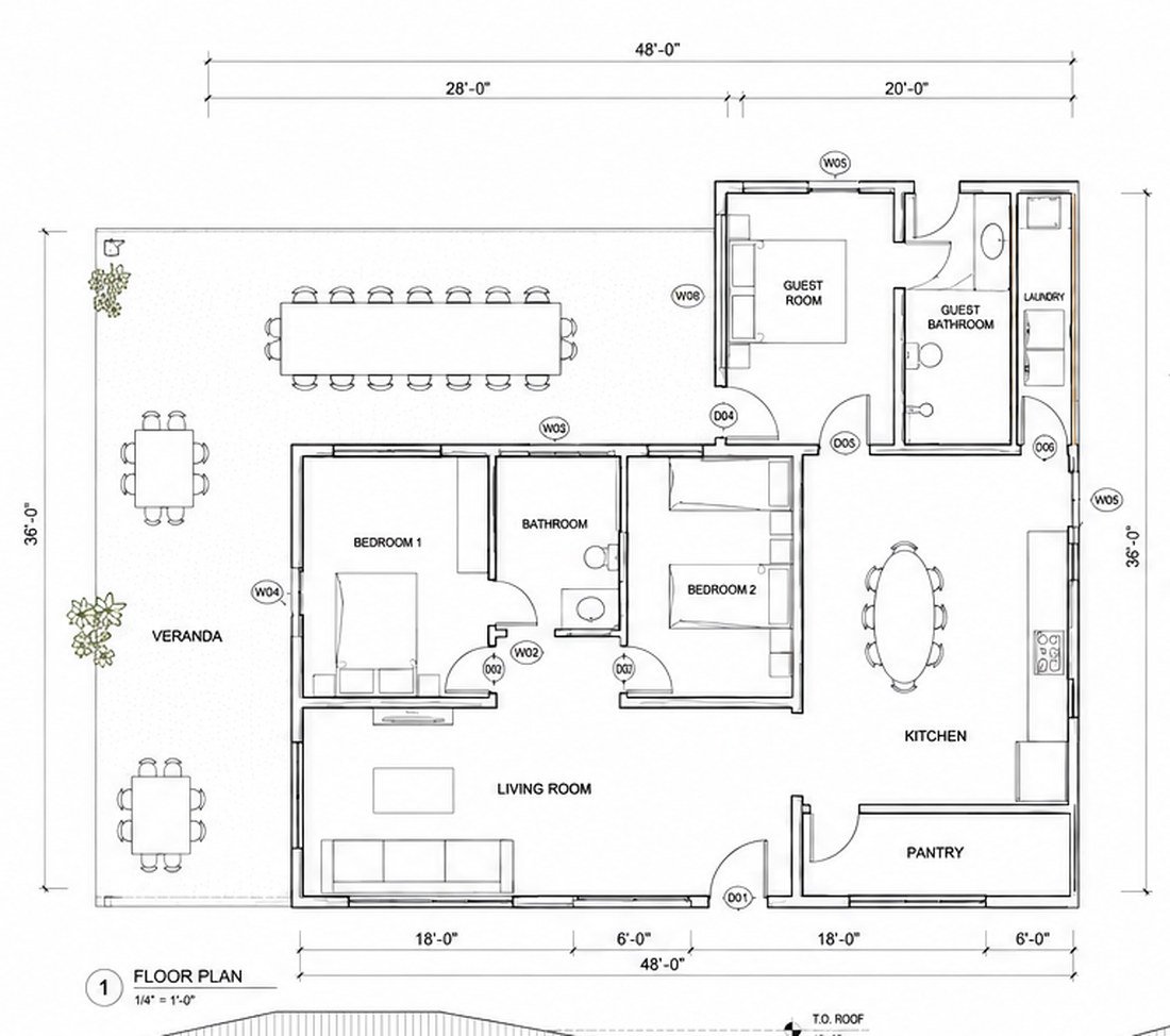 Dimensioned residential floor plan at quarter inch scale, with room names, veranda, window and door marks and overall building dimensions