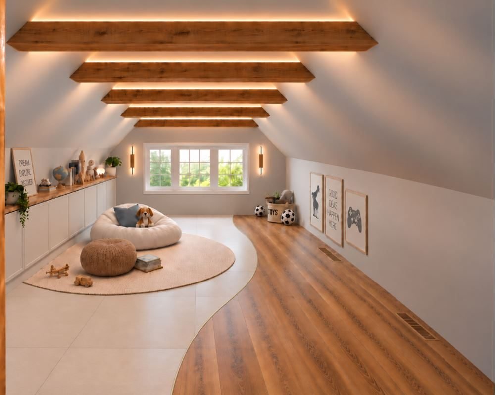 3D visualization of an attic playroom with exposed wood beams, concealed lighting, a low built-in storage run and a dormer window