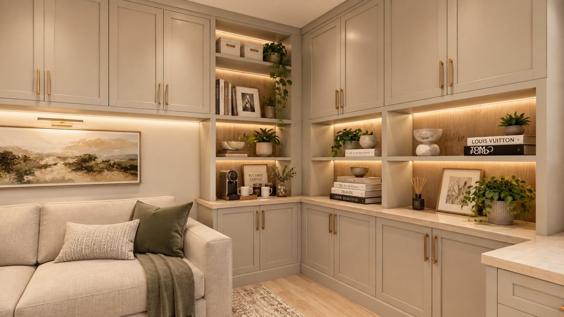 Second 3D view of the same home office and lounge, showing the full run of built-in cabinetry, lit shelving and the corner desk