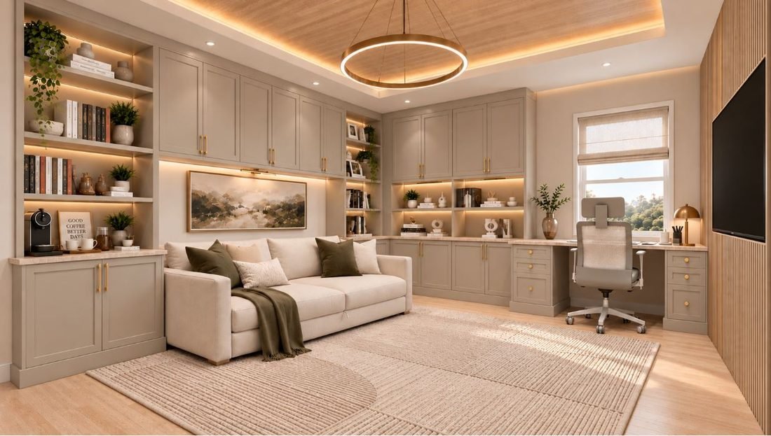 3D visualization of a home office and lounge with built-in shelving, lit display niches, a sofa and a desk beneath a coffered wood ceiling