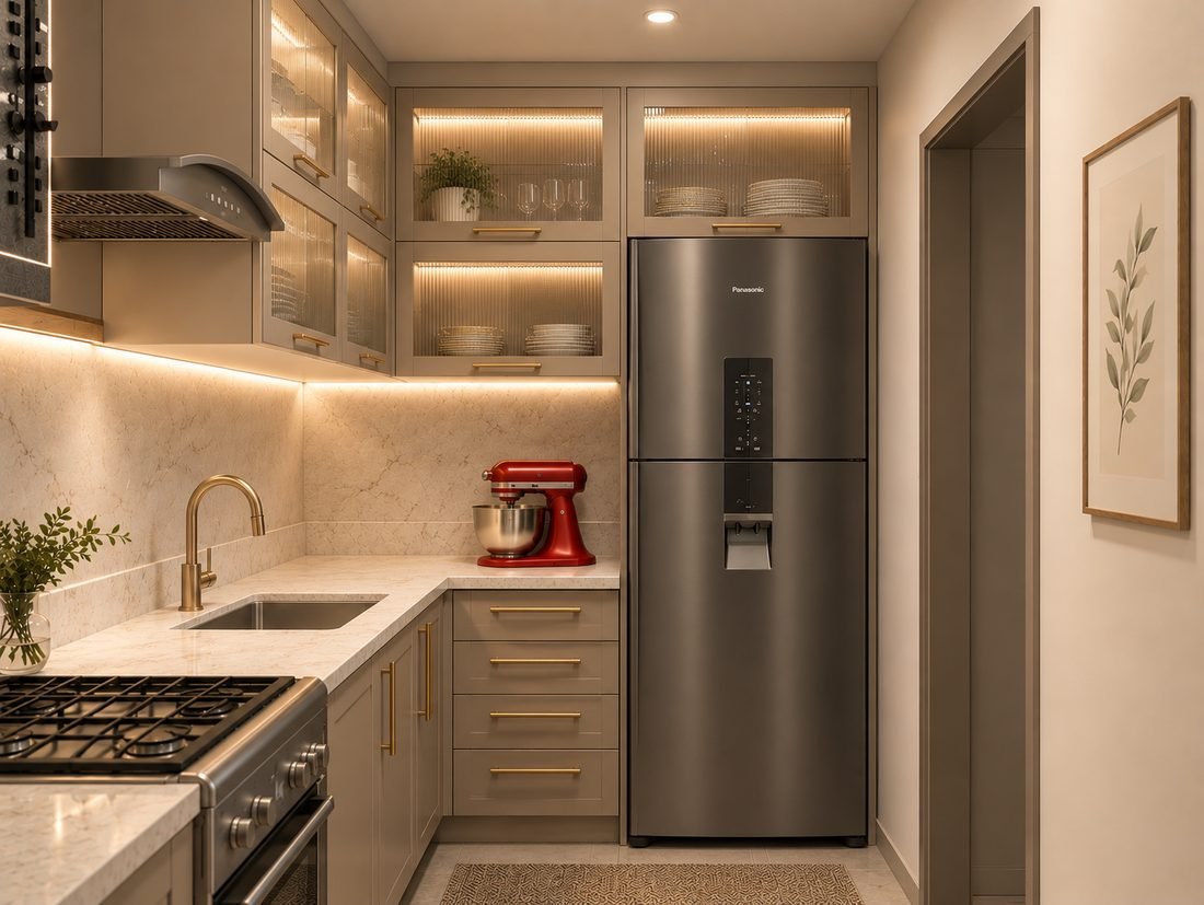 3D visualization of a kitchen with lit glass-front upper cabinets, brass faucet, gas range and panelled refrigerator