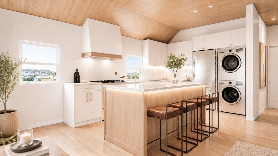 3D visualization of a white oak kitchen with a seating island, brass bar stools, vaulted wood ceiling and integrated laundry