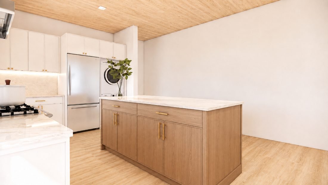 3D visualization of a white oak kitchen with a central island, vaulted wood ceiling and integrated laundry, showing materials, finishes and lighting