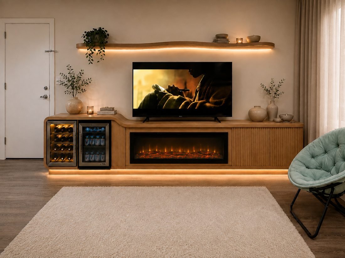 3D visualization of a living room media wall with a linear fireplace, wine refrigerator, floating shelf and concealed lighting