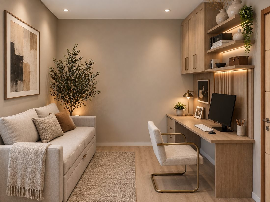 3D visualization of a home office and guest room with a built-in desk, lit shelving and a daybed with storage